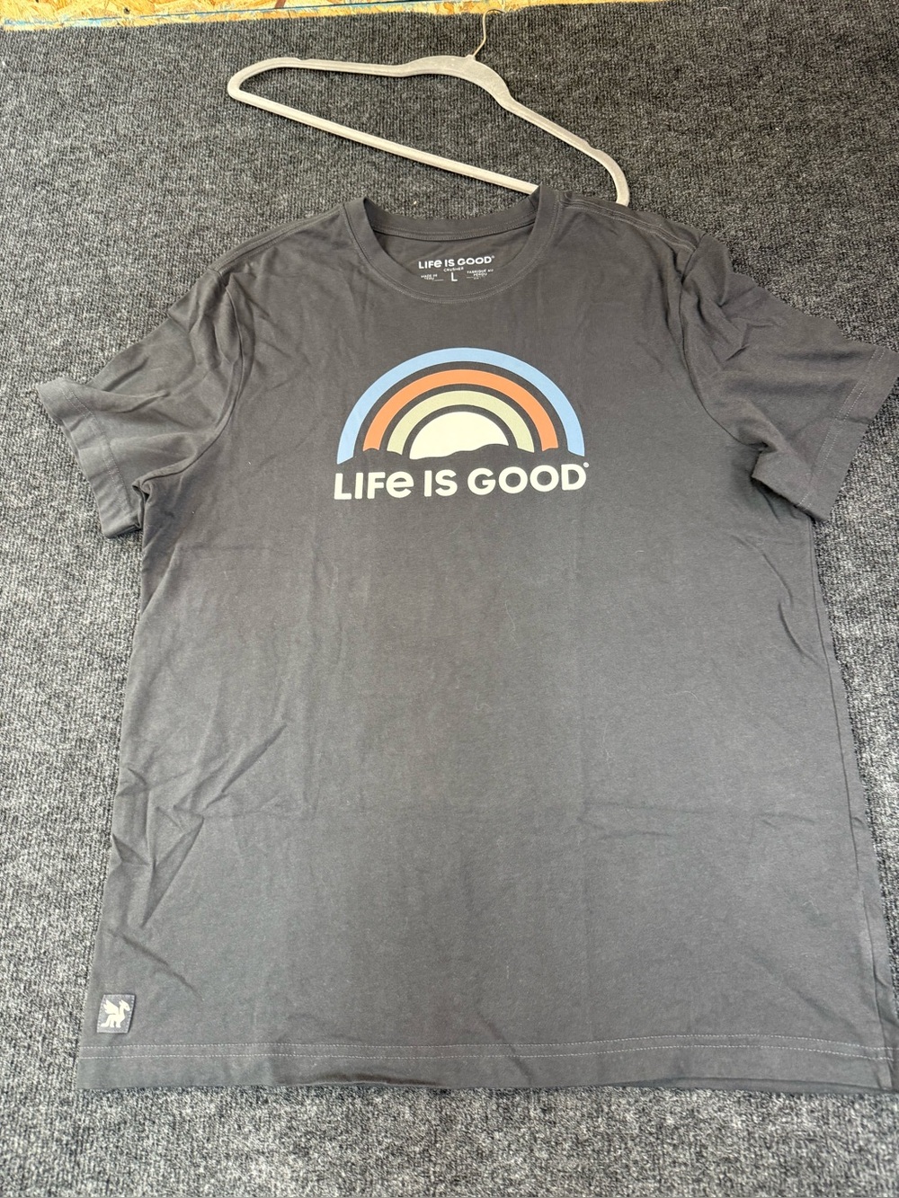 Life Is Good Men's Soft Black Tee with Blue-Orange Rainbow Graphic